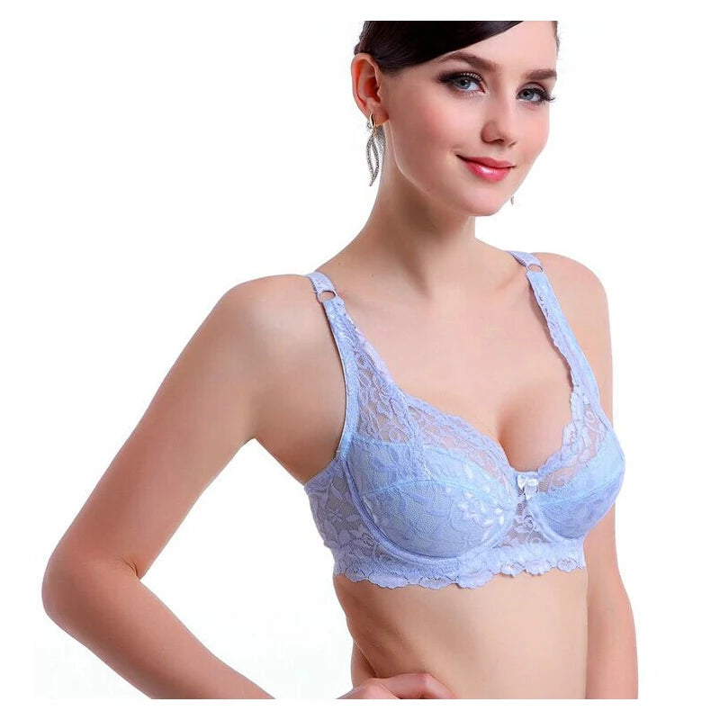 Women Push Up Black Lingerei Sexy Bra Underwire Thin Cotton Padded Lace Sheer Minimizer Bra Big Bust 80-115 B C D Cup Bra C3306