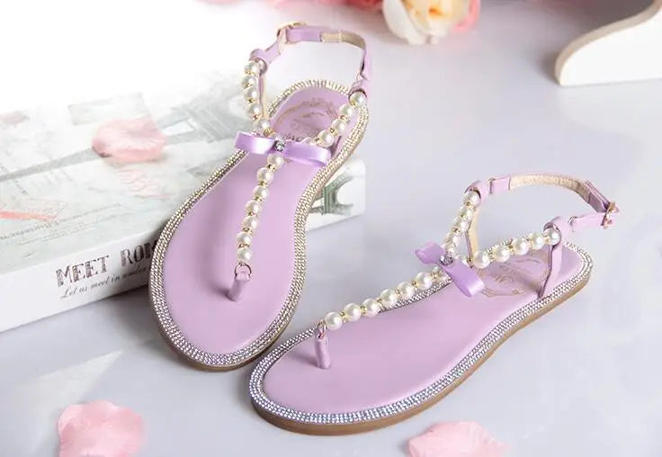 Pearl Sandals women Ladies Summer Bohemia Beach Sandal String Bead Casual Buckle Strap Flat Shoes Open Toe Shoes woman Flip Flop
