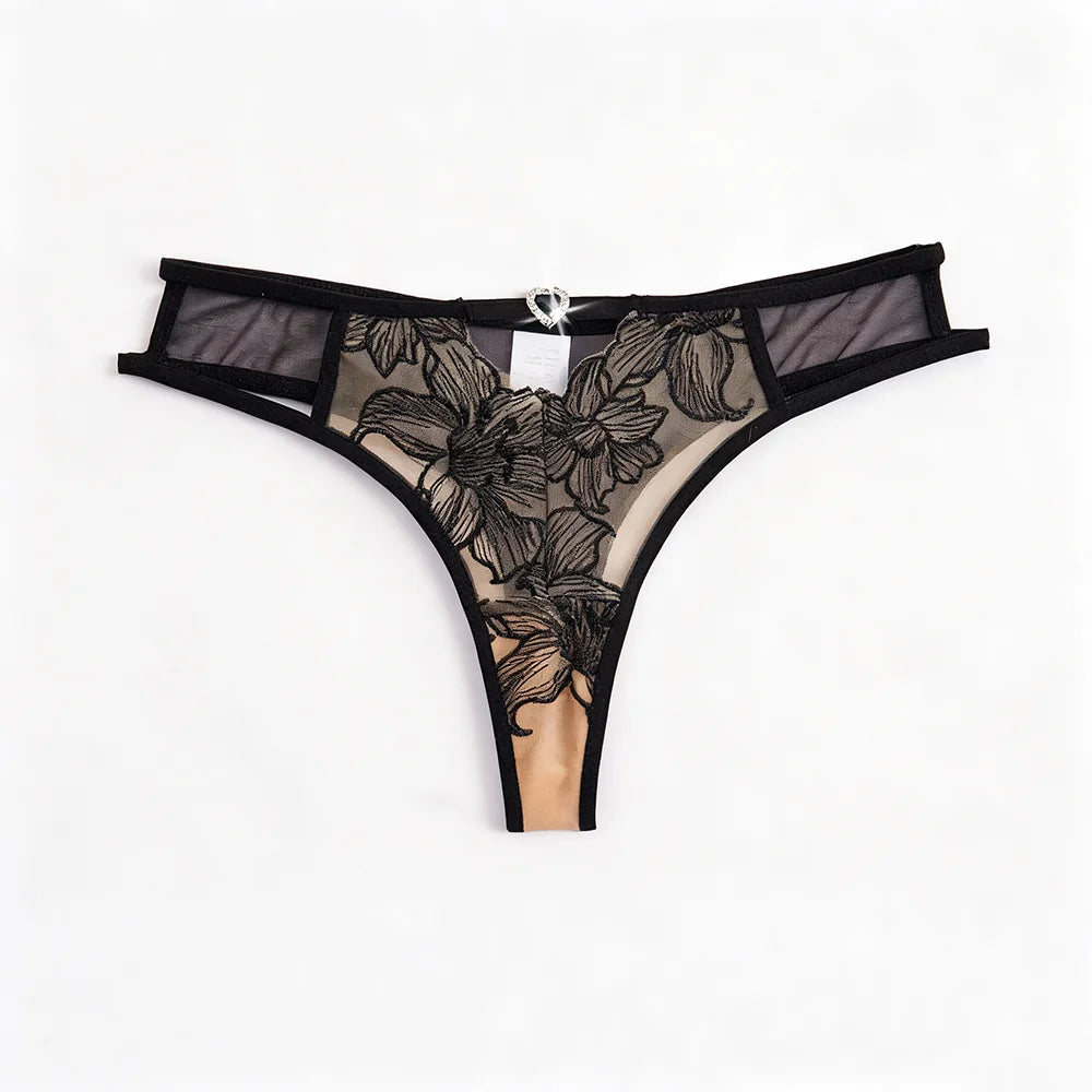 US Stock Sexy Floral Lace Embroidery Bra & Thong Set Sheer Mesh Underwire Lingerie Set