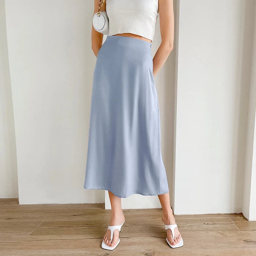 Summer Vintage Satin Elegant High Waist Office Lady Skirt