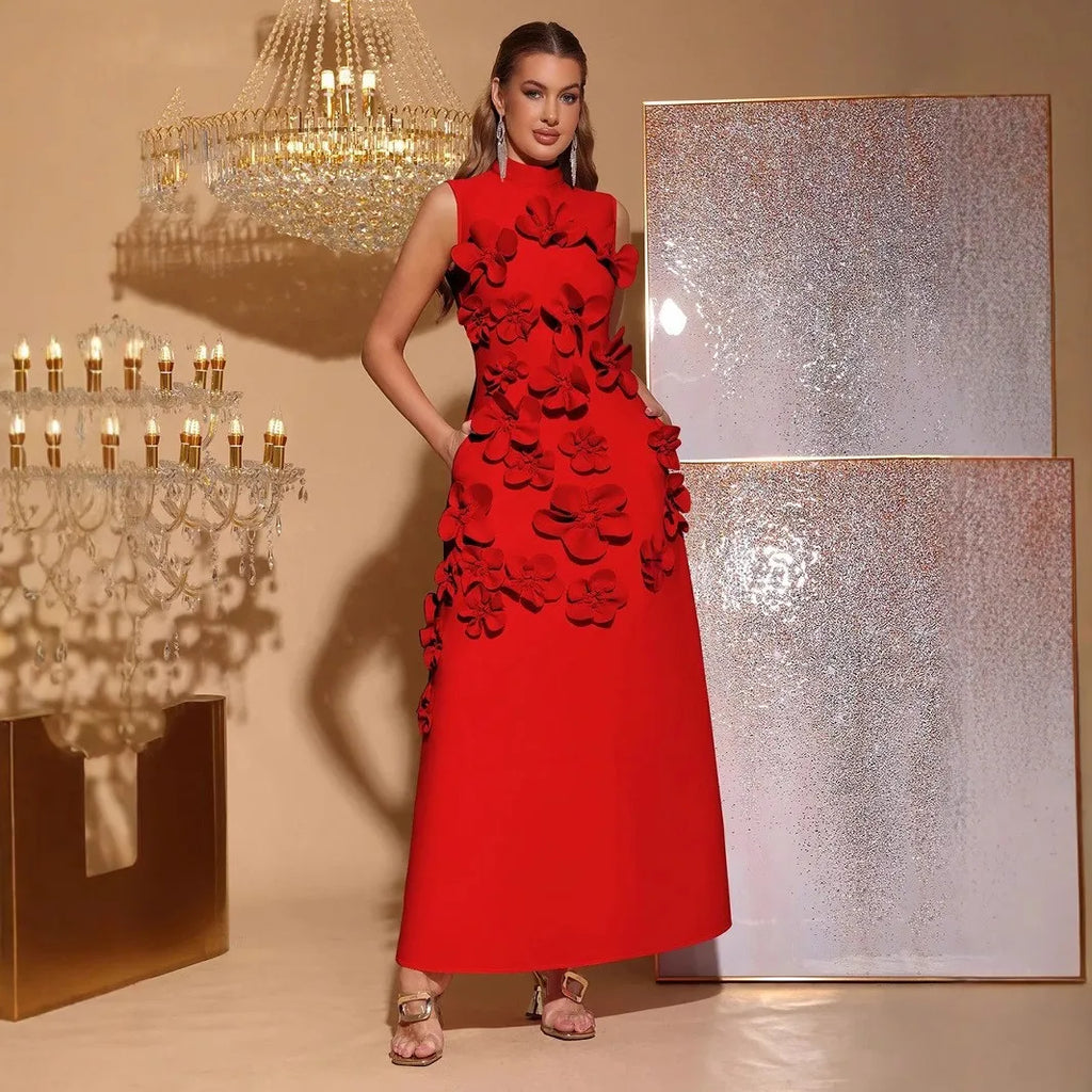 2026 New French pink Sleeveless Three-dimensional Floral A-line Maxi Dress Arrival Panelled Stand Collar Evening Dress