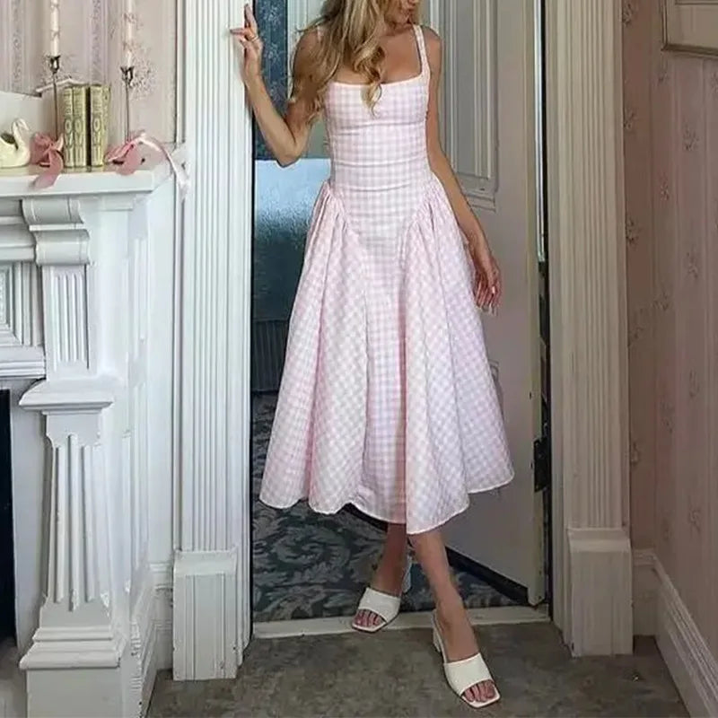 2026 Summer Women Elegant Solid Square Neck Smocked Bodycon Eco-Friendly Breathable Party Midi Dress for European American