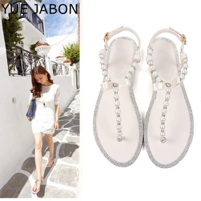 Pearl Sandals women Ladies Summer Bohemia Beach Sandal String Bead Casual Buckle Strap Flat Shoes Open Toe Shoes woman Flip Flop