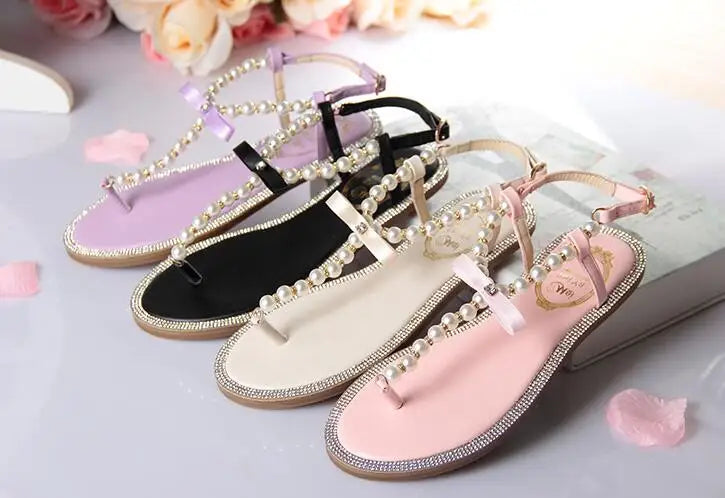 Pearl Sandals women Ladies Summer Bohemia Beach Sandal String Bead Casual Buckle Strap Flat Shoes Open Toe Shoes woman Flip Flop
