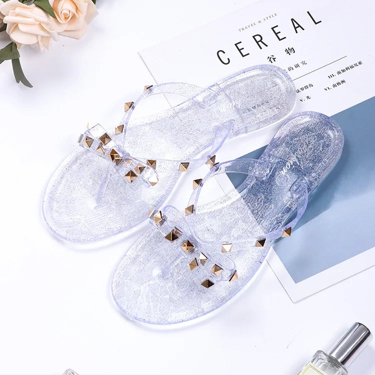 New Rivet Bow Sandals and Slippers Summer Transparent Crystal Shoes Women Outdoor Flip Flops