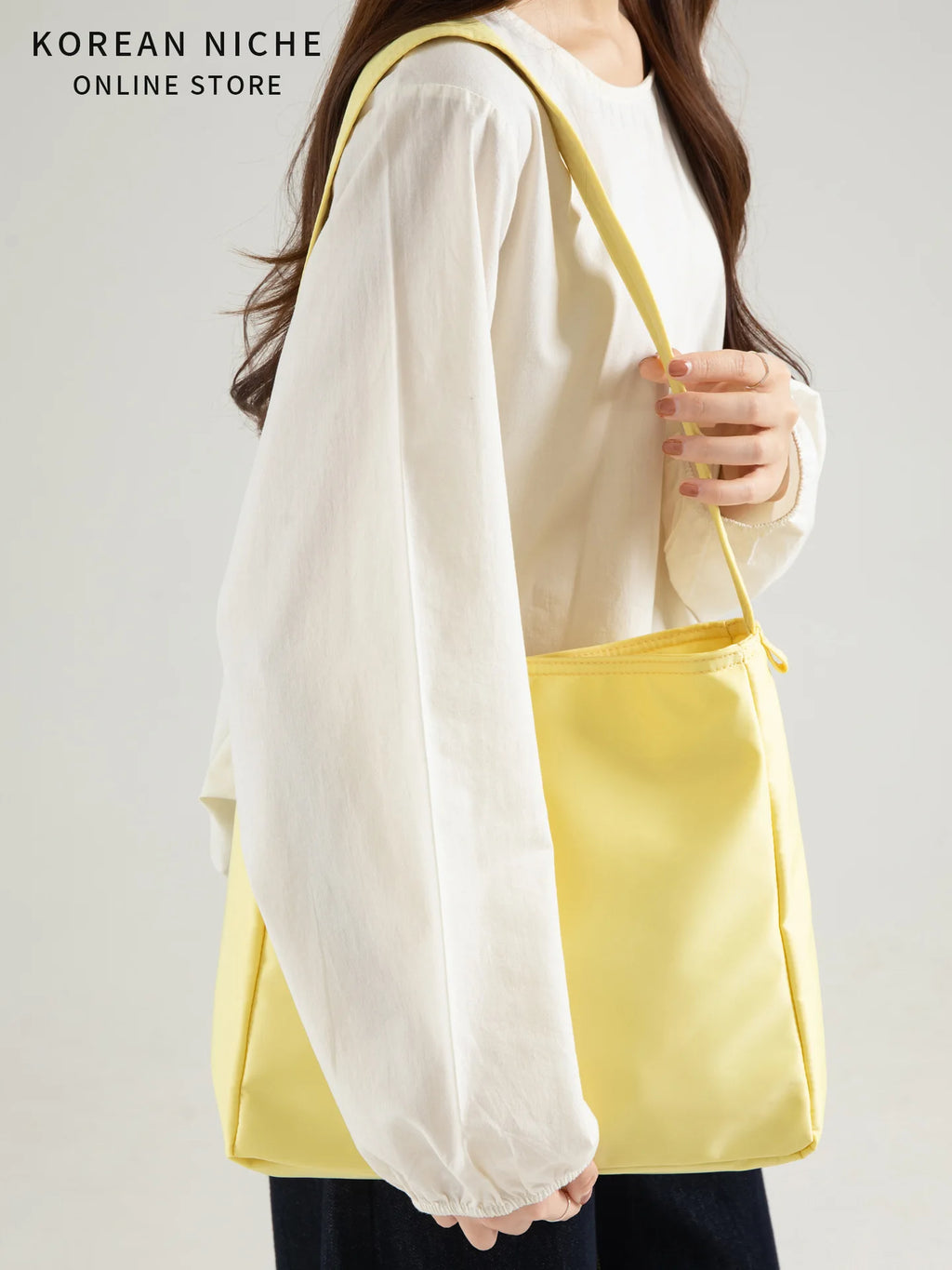 Korean Version Lazy Wind Simple Light Large-Capacity Summer Tote Bag Solid Color Nylon Casual Daily Portable Drawstring Closure