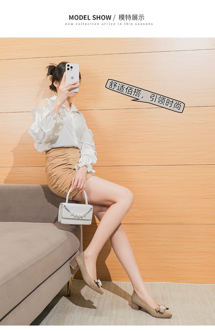 Women's Shallow Slip-On Shoes, 2026 Spring/Summer New Style, Suede with Rhinestones, Comfortable Pointed Toe High Heels, Chunky Heel Loafers