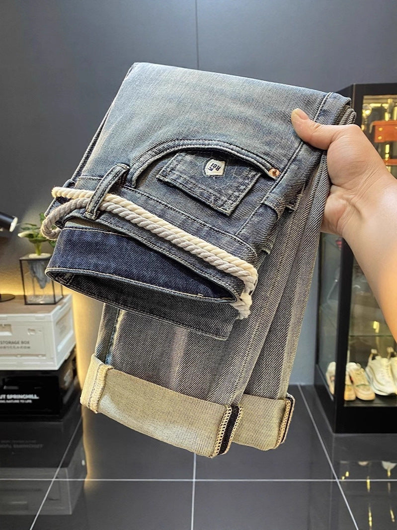 High-End Men's Jeans 2025 Autum New Slim-Fitting Small Straight Pants Trendy Brand Printed Casual Pants for Small Feet