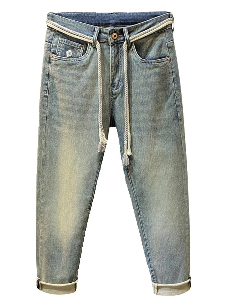 High-End Men's Jeans 2025 Autum New Slim-Fitting Small Straight Pants Trendy Brand Printed Casual Pants for Small Feet