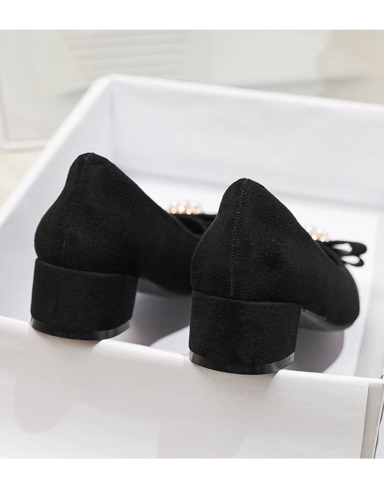 Women's Shallow Slip-On Shoes, 2026 Spring/Summer New Style, Suede with Rhinestones, Comfortable Pointed Toe High Heels, Chunky Heel Loafers