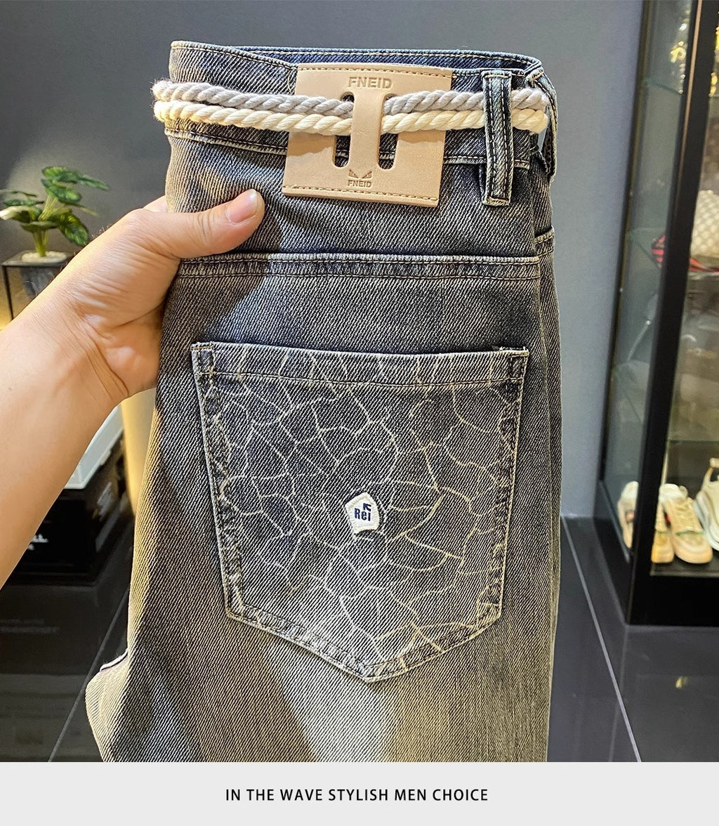 High-End Men's Jeans 2025 Autum New Slim-Fitting Small Straight Pants Trendy Brand Printed Casual Pants for Small Feet