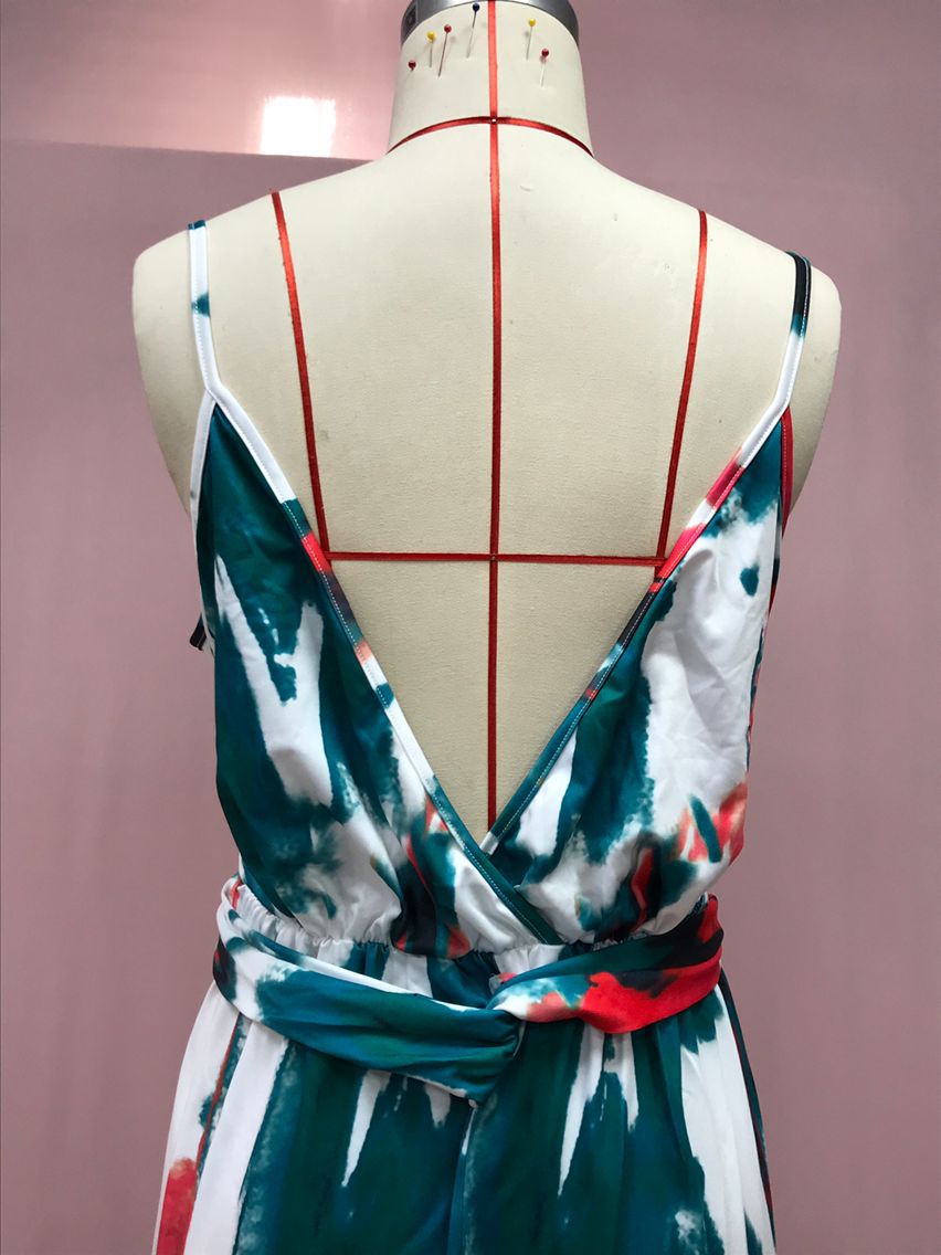2025 Cross-Border Amazon Spring and Summer New European and American Fashion V Neck Suspender Printed Beach Dress Long Skirt