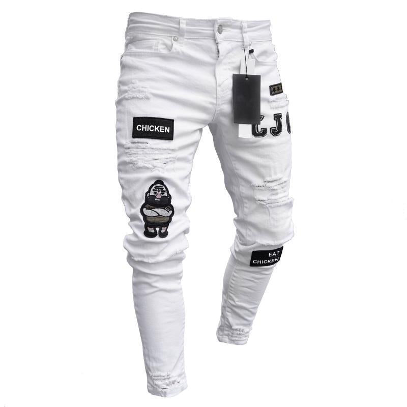 New Trendy European and American Slim-Fit Men's Jeans with Holes, Export Quality Slim-Fit Jeans for Wish Cross-Border Sales