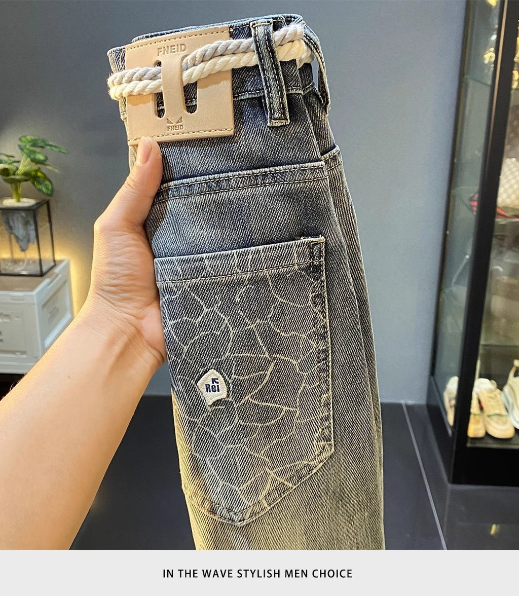 High-End Men's Jeans 2025 Autum New Slim-Fitting Small Straight Pants Trendy Brand Printed Casual Pants for Small Feet