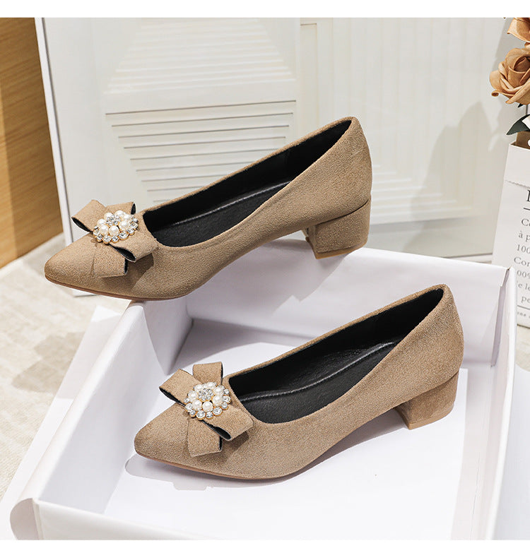 Women's Shallow Slip-On Shoes, 2026 Spring/Summer New Style, Suede with Rhinestones, Comfortable Pointed Toe High Heels, Chunky Heel Loafers