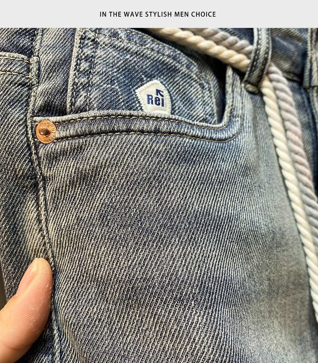 High-End Men's Jeans 2025 Autum New Slim-Fitting Small Straight Pants Trendy Brand Printed Casual Pants for Small Feet