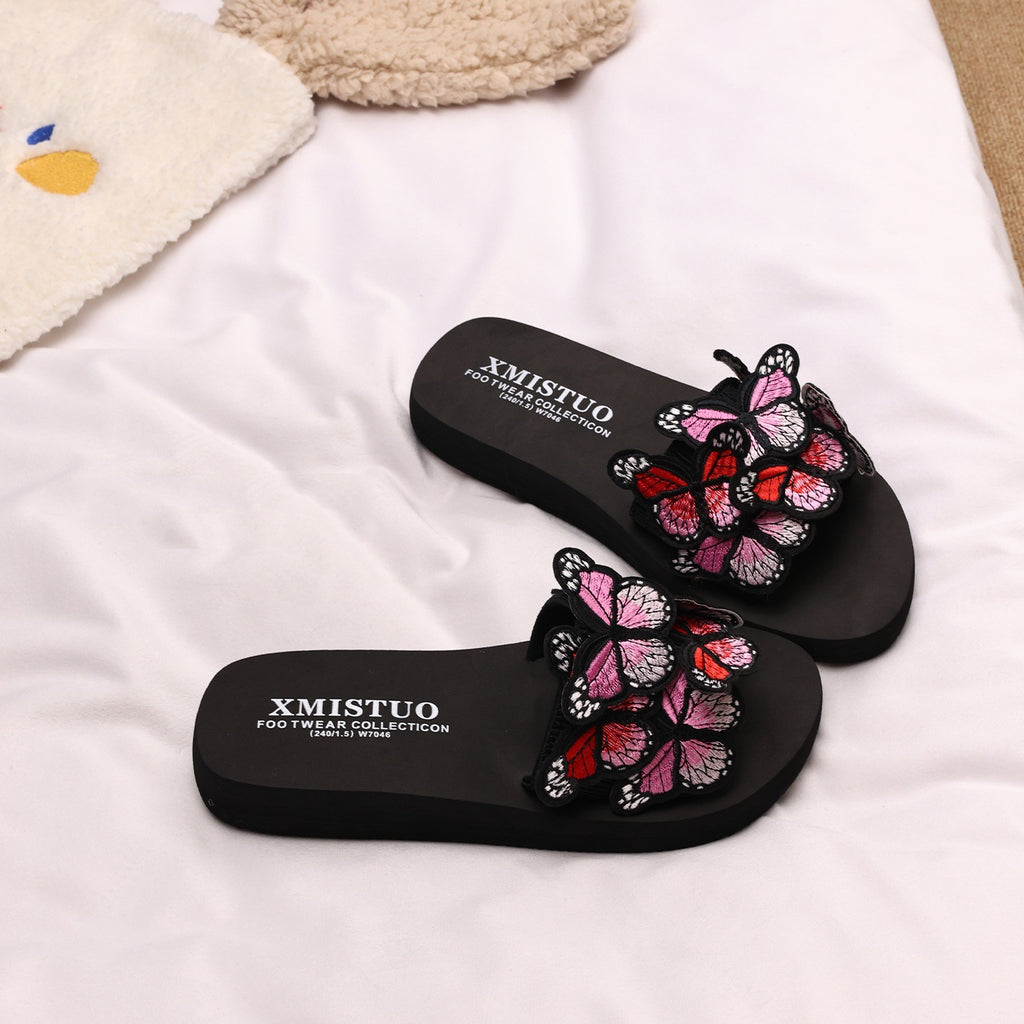 Thick-Soled Wedge-Heeled Sandals for Women, Summer Flip-Flops, Fashionable Holiday Slippers, Seaside Embroidered Butterfly Beach Shoes