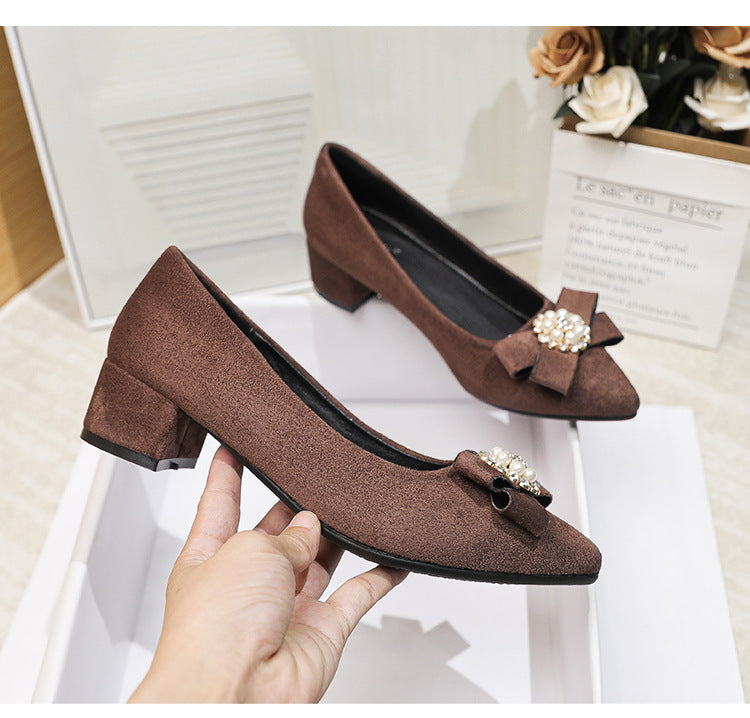 Women's Shallow Slip-On Shoes, 2026 Spring/Summer New Style, Suede with Rhinestones, Comfortable Pointed Toe High Heels, Chunky Heel Loafers