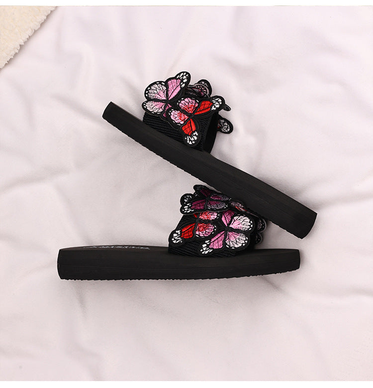 Thick-Soled Wedge-Heeled Sandals for Women, Summer Flip-Flops, Fashionable Holiday Slippers, Seaside Embroidered Butterfly Beach Shoes