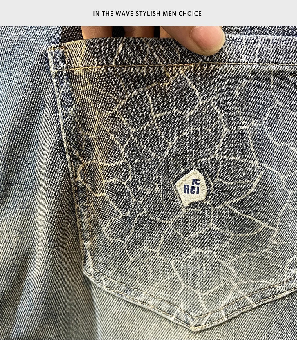 High-End Men's Jeans 2025 Autum New Slim-Fitting Small Straight Pants Trendy Brand Printed Casual Pants for Small Feet