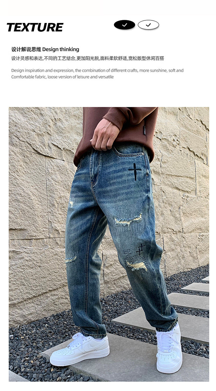 American Style Trendy Brand Ripped Jeans Men's Autumn New Duffy Handsome Trendy Niche Design Sense Loose Straight Long Pants