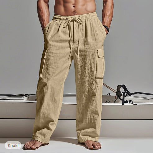 2025  Men's Solid Color plus size Cordwork Pants Drawstring Elelastic Multi-Pocket Wide Men's Casual Pants