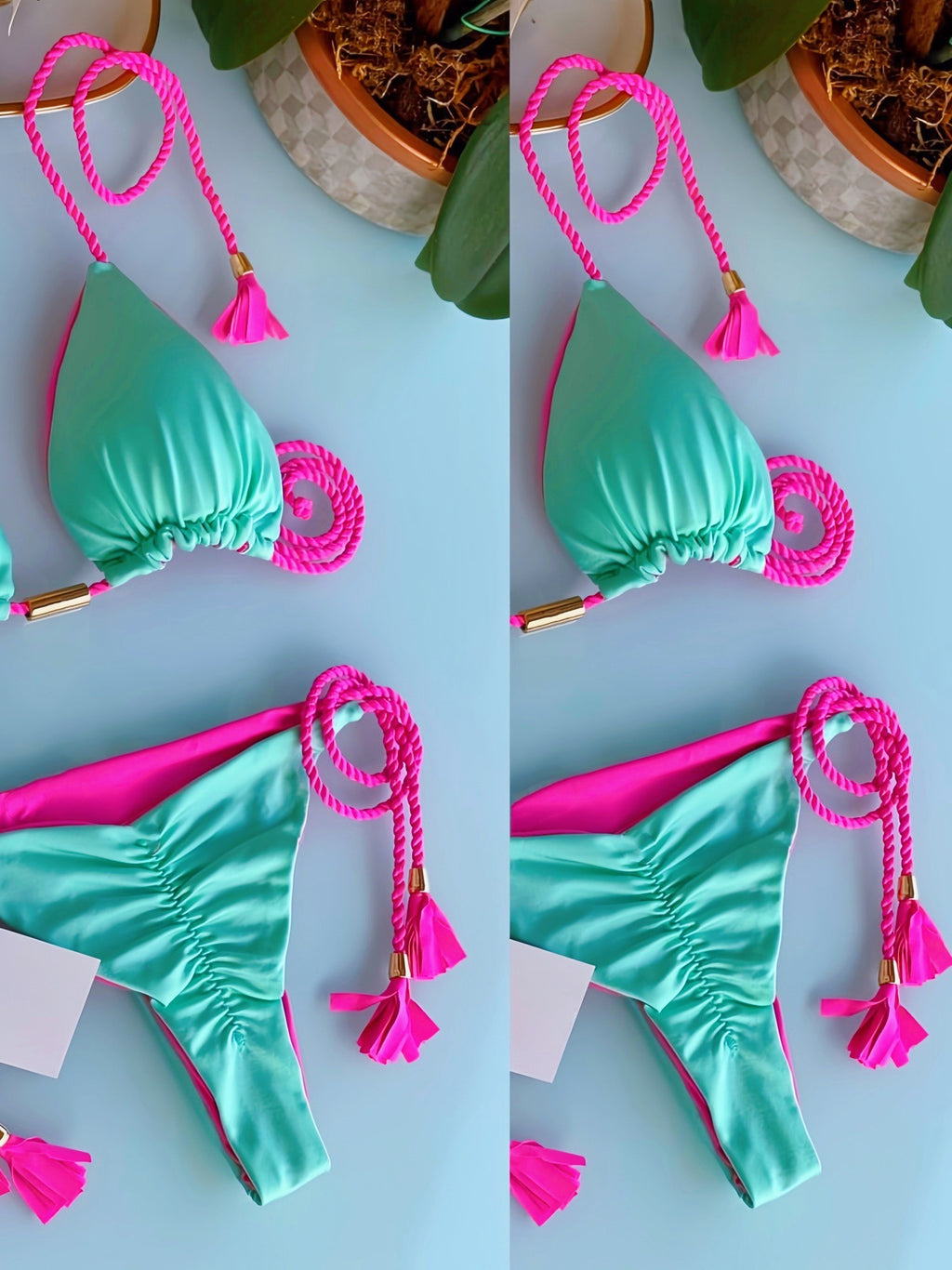 2025 new solid color fabric rope bikini triangle swimsuit Amazon European and American swimsuit in stock