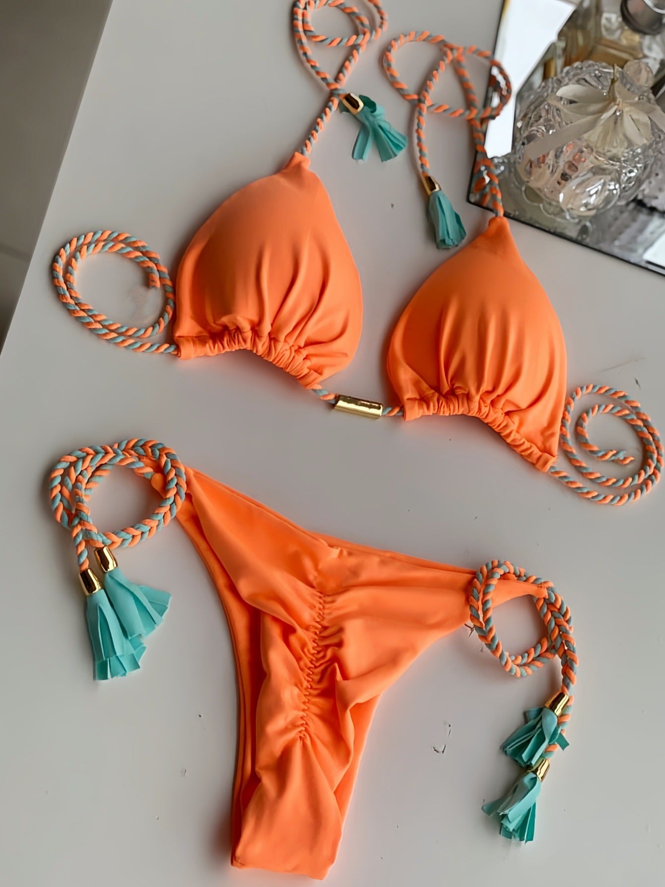 2025 new solid color fabric rope bikini triangle swimsuit Amazon European and American swimsuit in stock