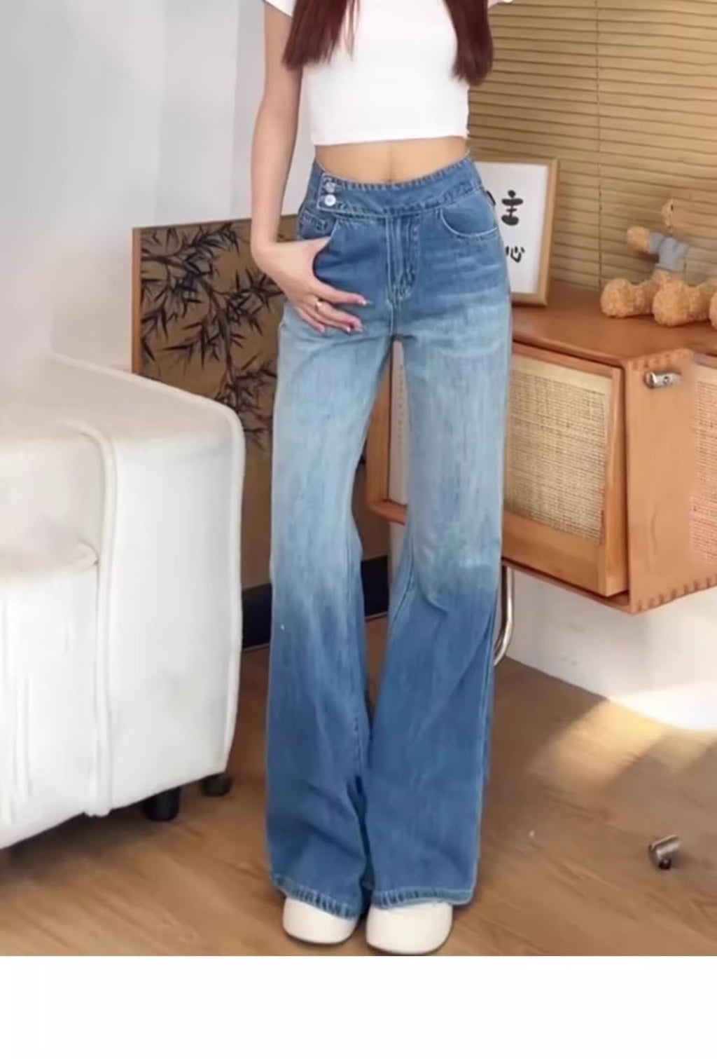 Big Bell Pants Women's Denim Wide Leg Pants Wide Leg 2024 Autumn High Waist Draping Fashion Gradient Floor Pants