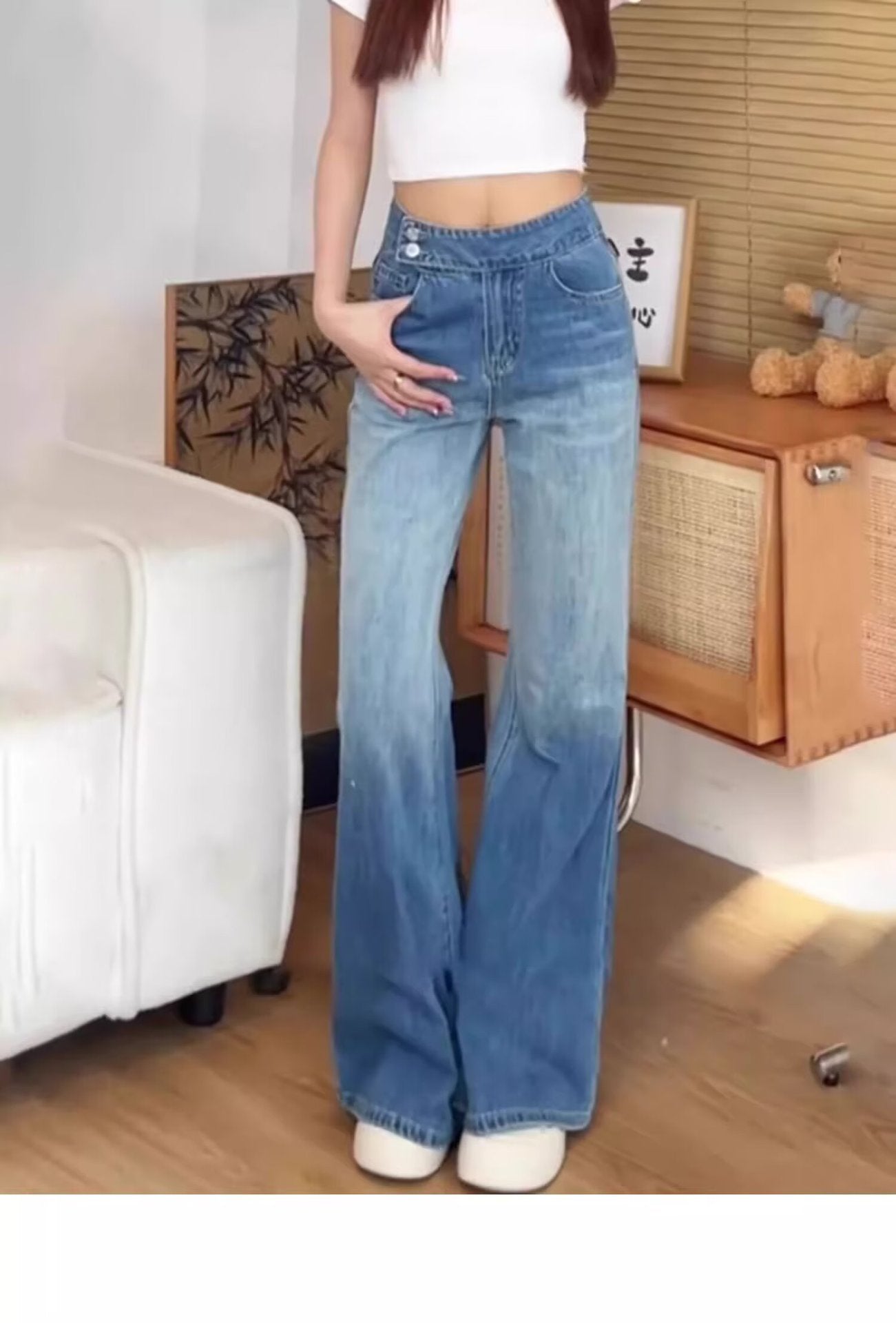 Big Bell Pants Women's Denim Wide Leg Pants Wide Leg 2024 Autumn High Waist Draping Fashion Gradient Floor Pants