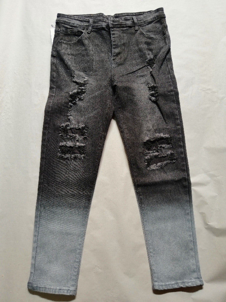 New Trendy European and American Slim-Fit Men's Jeans with Holes, Export Quality Slim-Fit Jeans for Wish Cross-Border Sales