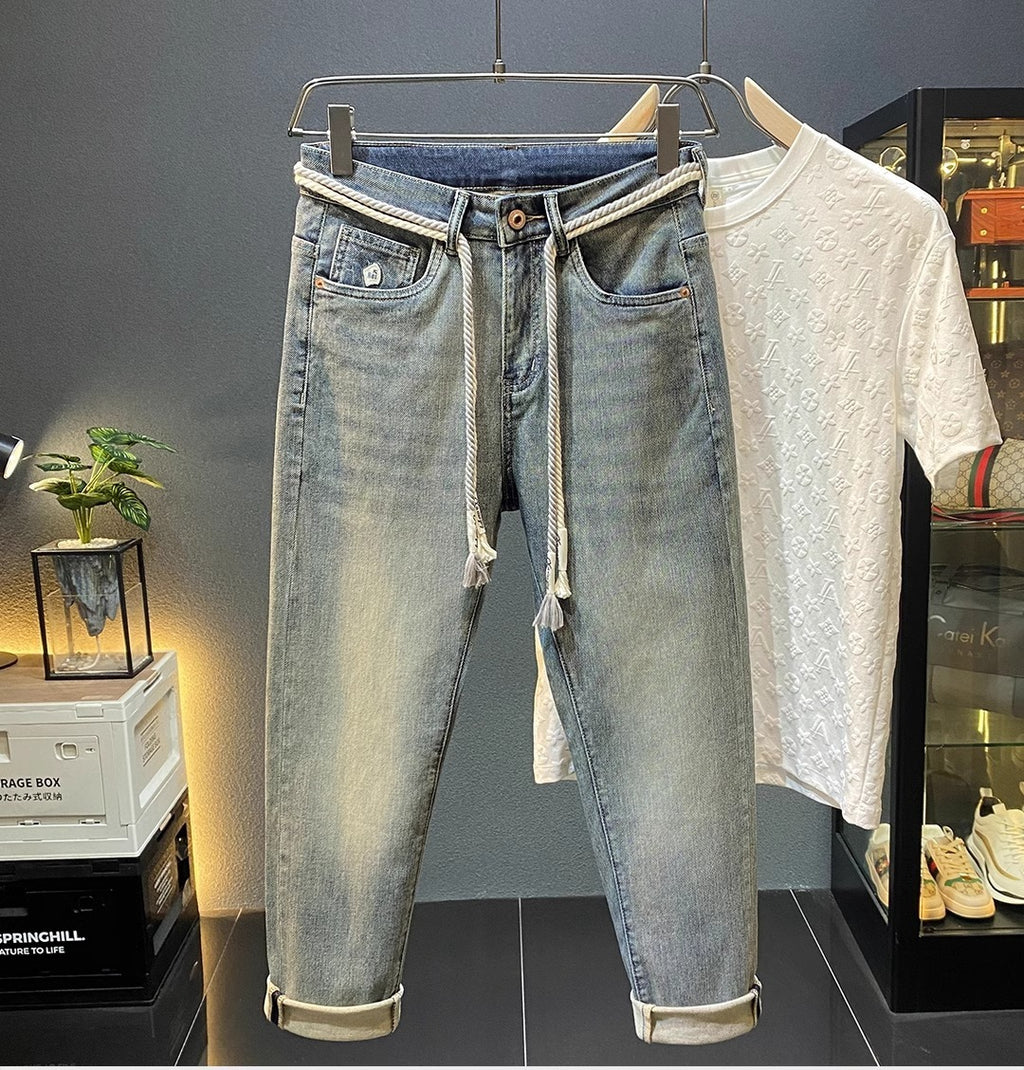 High-End Men's Jeans 2025 Autum New Slim-Fitting Small Straight Pants Trendy Brand Printed Casual Pants for Small Feet