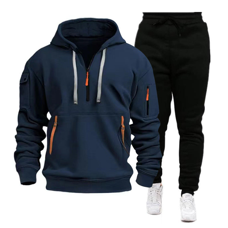 Cross-border Autumn and Winter Sports Sweater suit Men's Multi-pocket Zipper Hoodie Sportswear suit Sweater Light Plate