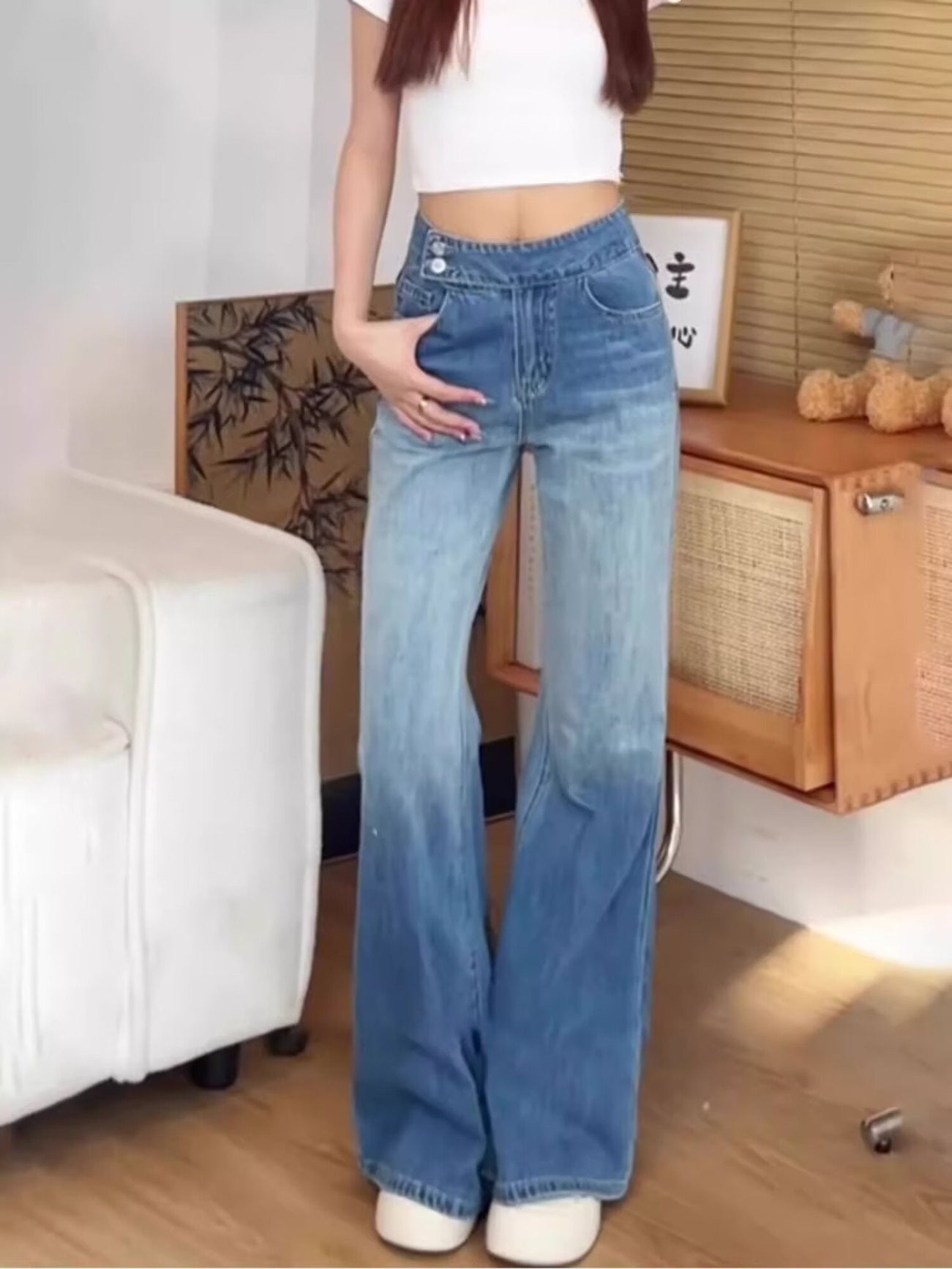 Big Bell Pants Women's Denim Wide Leg Pants Wide Leg 2024 Autumn High Waist Draping Fashion Gradient Floor Pants