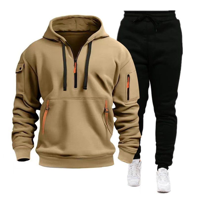 Cross-border Autumn and Winter Sports Sweater suit Men's Multi-pocket Zipper Hoodie Sportswear suit Sweater Light Plate