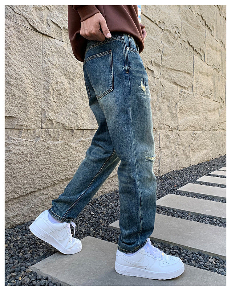 American Style Trendy Brand Ripped Jeans Men's Autumn New Duffy Handsome Trendy Niche Design Sense Loose Straight Long Pants