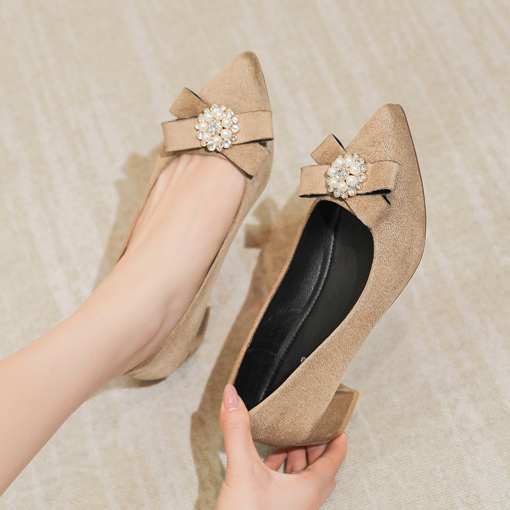 Women's Shallow Slip-On Shoes, 2026 Spring/Summer New Style, Suede with Rhinestones, Comfortable Pointed Toe High Heels, Chunky Heel Loafers