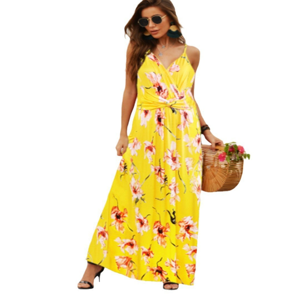 2025 Cross-Border Amazon Spring and Summer New European and American Fashion V Neck Suspender Printed Beach Dress Long Skirt