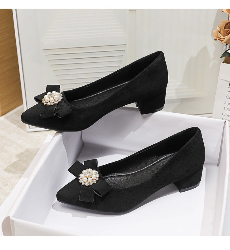 Women's Shallow Slip-On Shoes, 2026 Spring/Summer New Style, Suede with Rhinestones, Comfortable Pointed Toe High Heels, Chunky Heel Loafers