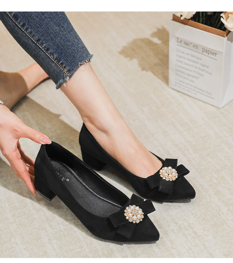 Women's Shallow Slip-On Shoes, 2026 Spring/Summer New Style, Suede with Rhinestones, Comfortable Pointed Toe High Heels, Chunky Heel Loafers