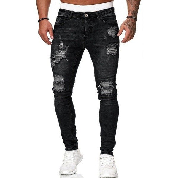 New Trendy European and American Slim-Fit Men's Jeans with Holes, Export Quality Slim-Fit Jeans for Wish Cross-Border Sales