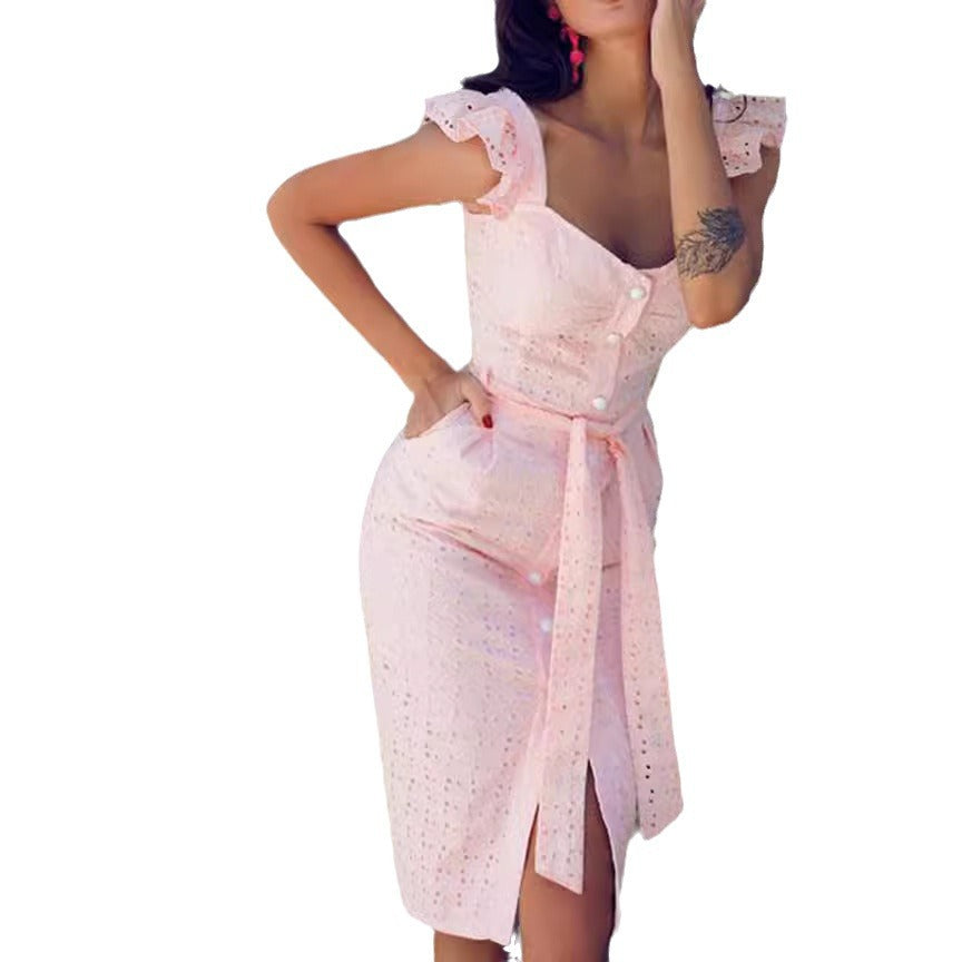 2019 European and American women's autumn and winter  sexy embroidered square collar dress 2 colors 4 sizes