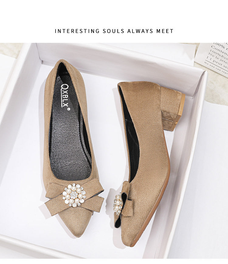Women's Shallow Slip-On Shoes, 2026 Spring/Summer New Style, Suede with Rhinestones, Comfortable Pointed Toe High Heels, Chunky Heel Loafers