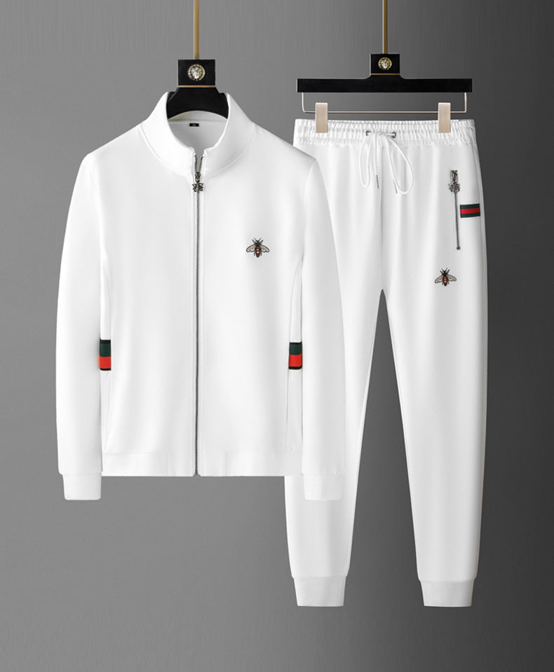 Casual Suit Men's Autumn New Roman Collar Embroidered Bee Jacket Fashionable Brand Youth Sportswear Two-piece Set