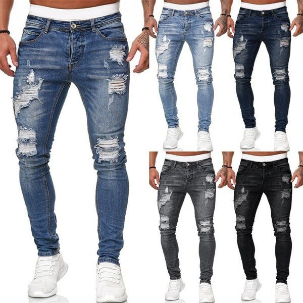 New Trendy European and American Slim-Fit Men's Jeans with Holes, Export Quality Slim-Fit Jeans for Wish Cross-Border Sales