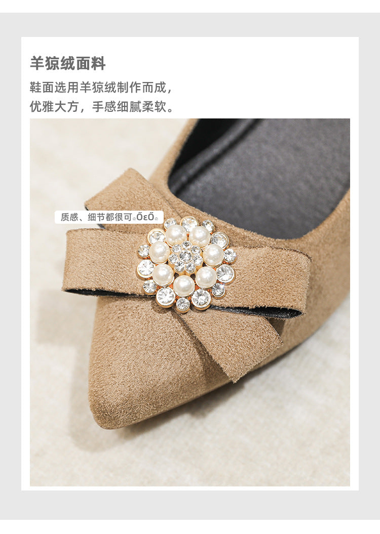 Women's Shallow Slip-On Shoes, 2026 Spring/Summer New Style, Suede with Rhinestones, Comfortable Pointed Toe High Heels, Chunky Heel Loafers