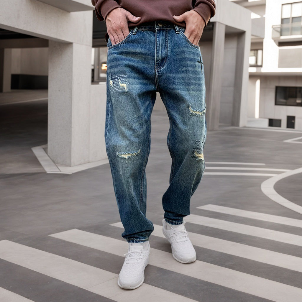 American Style Trendy Brand Ripped Jeans Men's Autumn New Duffy Handsome Trendy Niche Design Sense Loose Straight Long Pants