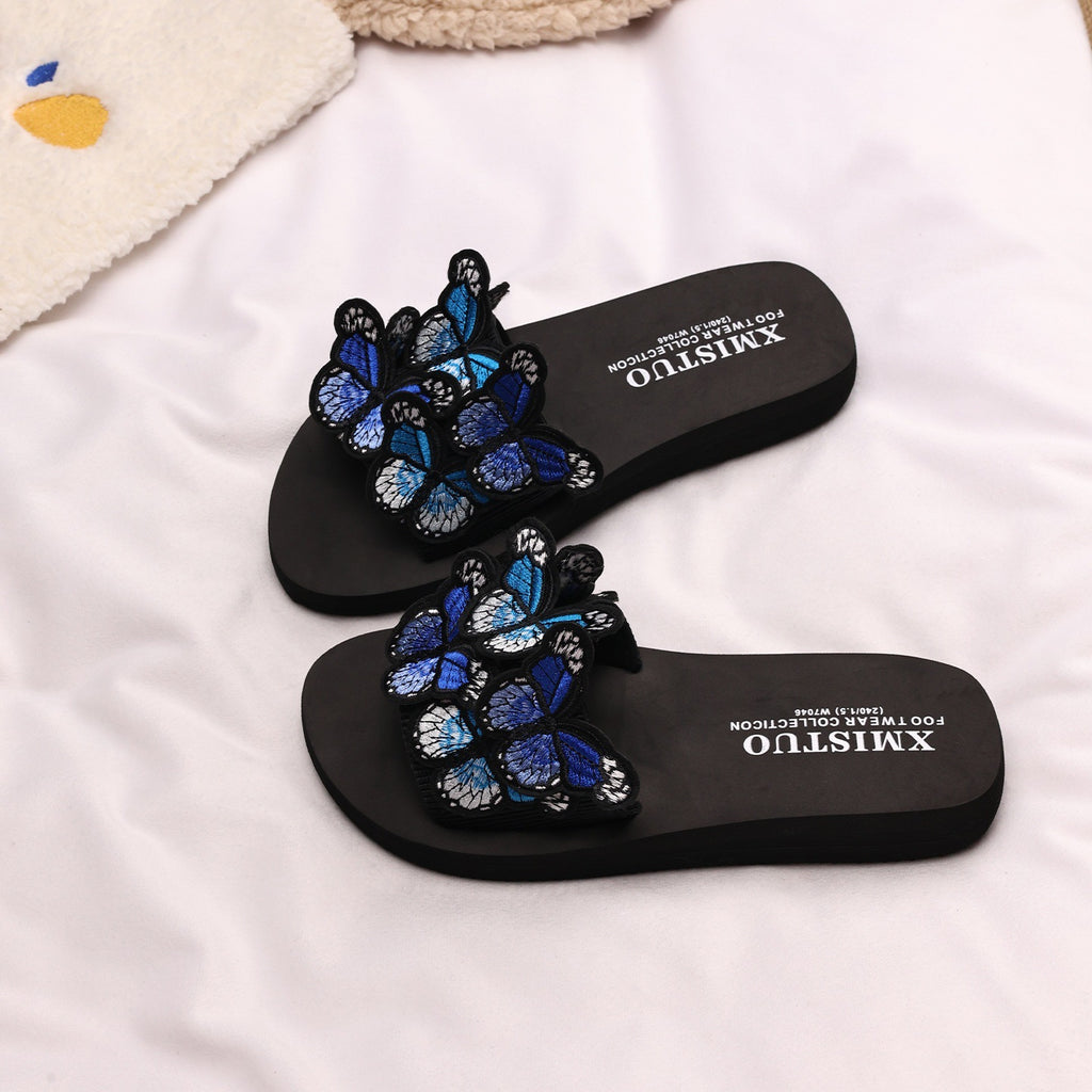 Thick-Soled Wedge-Heeled Sandals for Women, Summer Flip-Flops, Fashionable Holiday Slippers, Seaside Embroidered Butterfly Beach Shoes