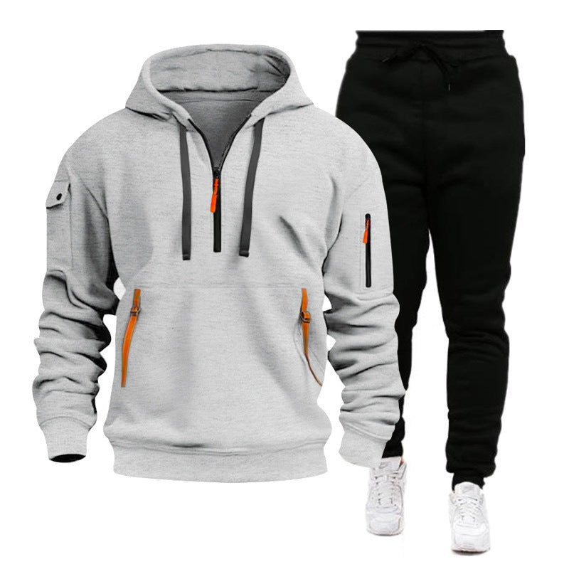 Cross-border Autumn and Winter Sports Sweater suit Men's Multi-pocket Zipper Hoodie Sportswear suit Sweater Light Plate