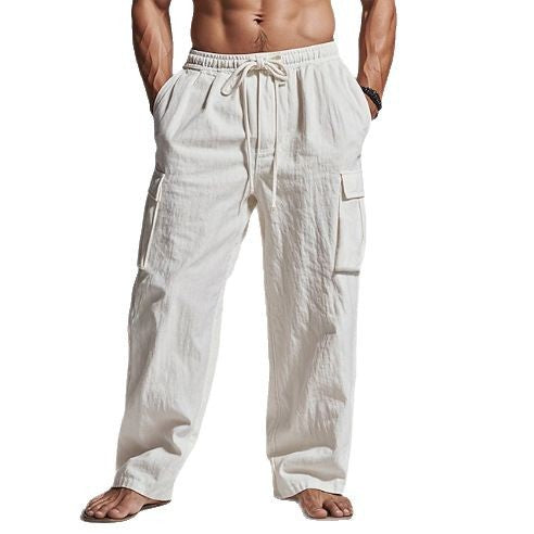 2025  Men's Solid Color plus size Cordwork Pants Drawstring Elelastic Multi-Pocket Wide Men's Casual Pants